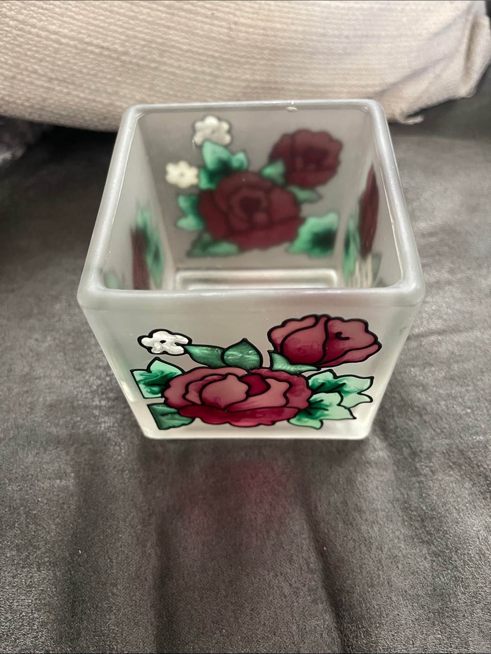 Joan Baker Designs Frosted Glass Square Vase with Red Rose Motif Candle Holder